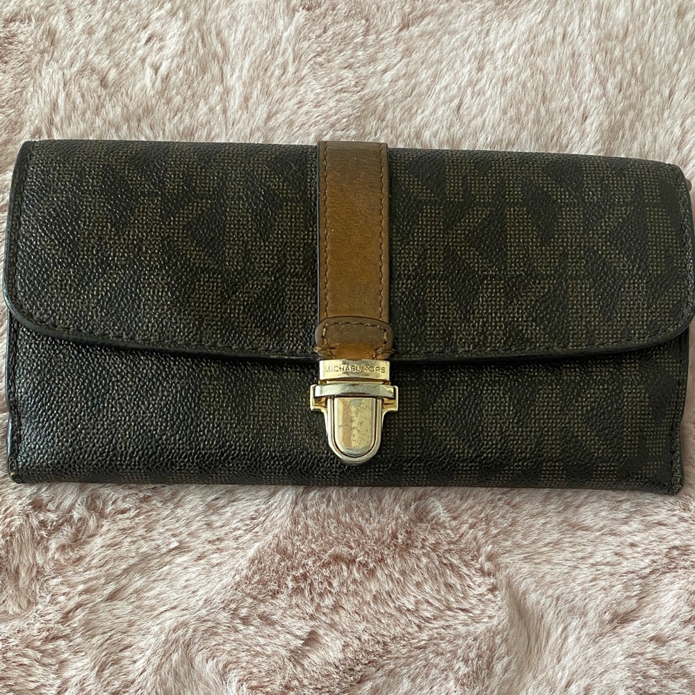 Michael Kors Dark Brown Monogram Clutch Wallet with Gold Hardware
